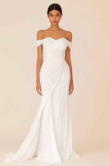 White Sheath Off the Shoulder Ruched Long Bridal Dress